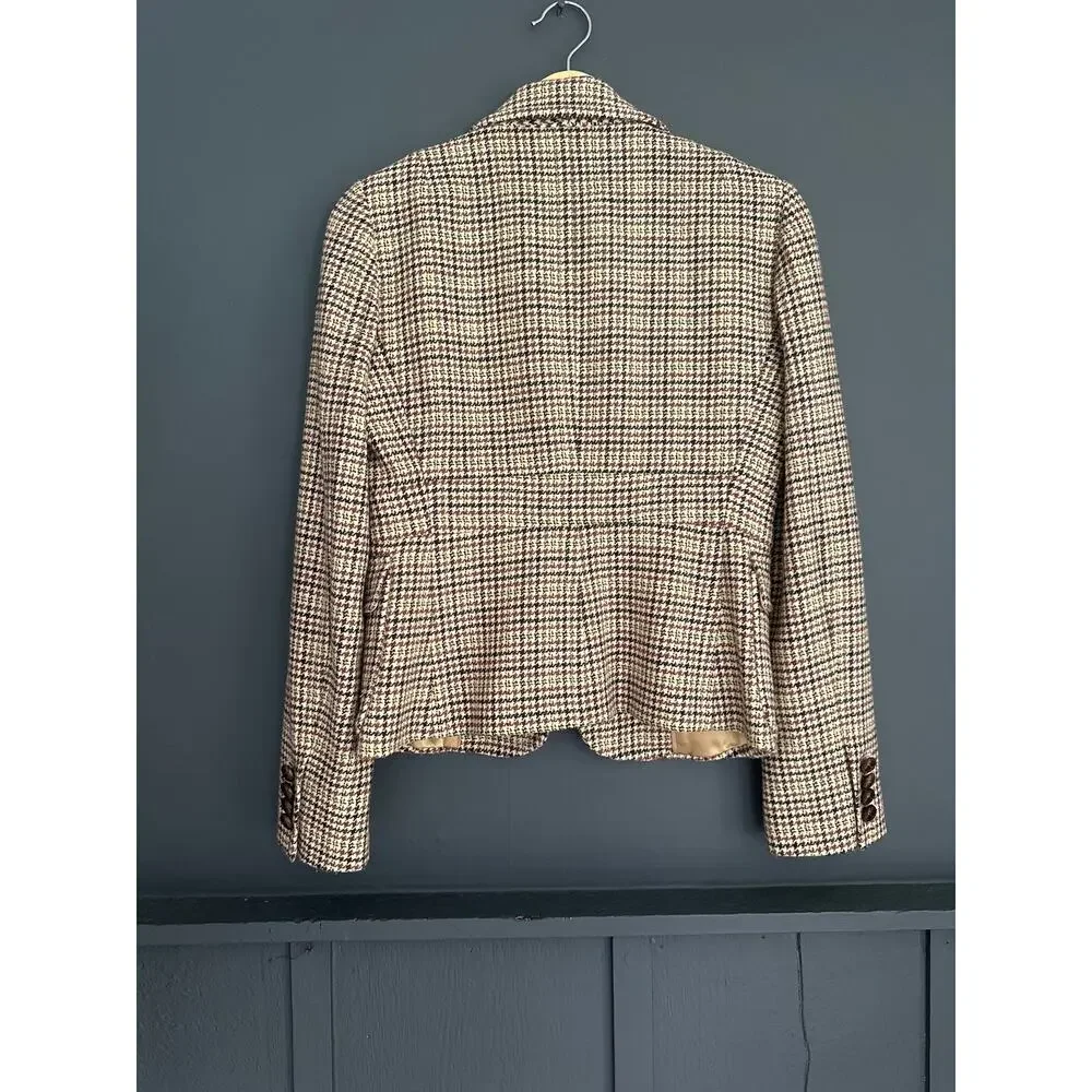 J. Crew Wool Blend Houndstooth Blazer Brown Tan Dark Academia Size 0